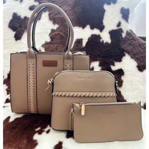 Wrangler 3‎ Piece Handbag Set Tan Faux Leather Tote Crossbody Wristlet